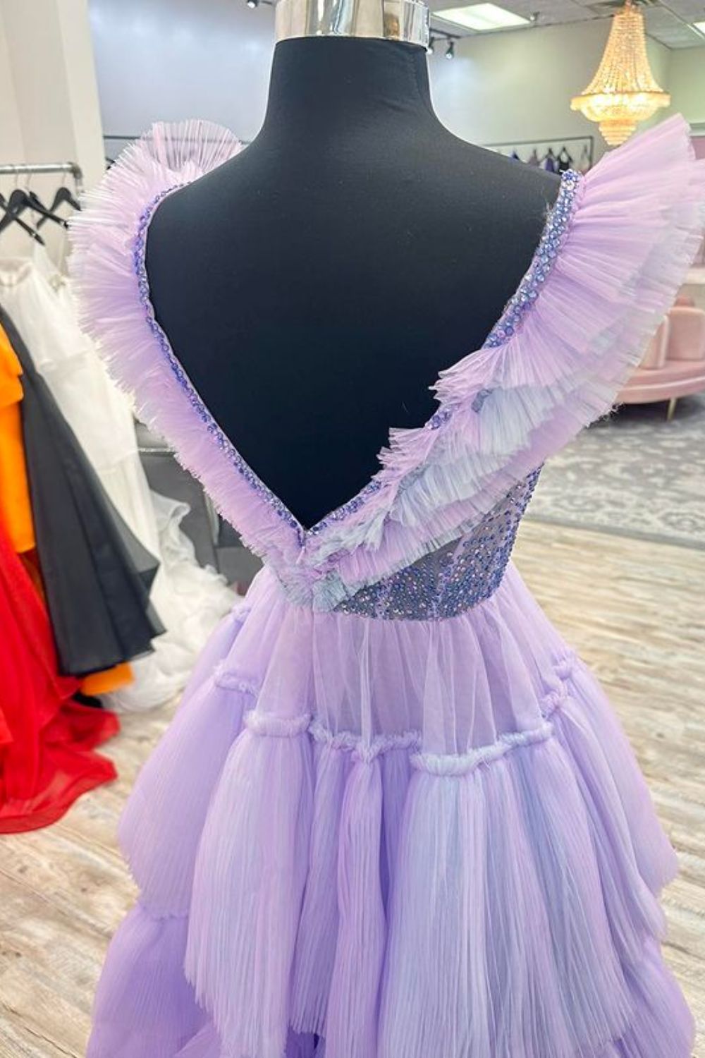 Dressime Princess A Line V neck Tiered Long Prom Dresses Ruffles dressime