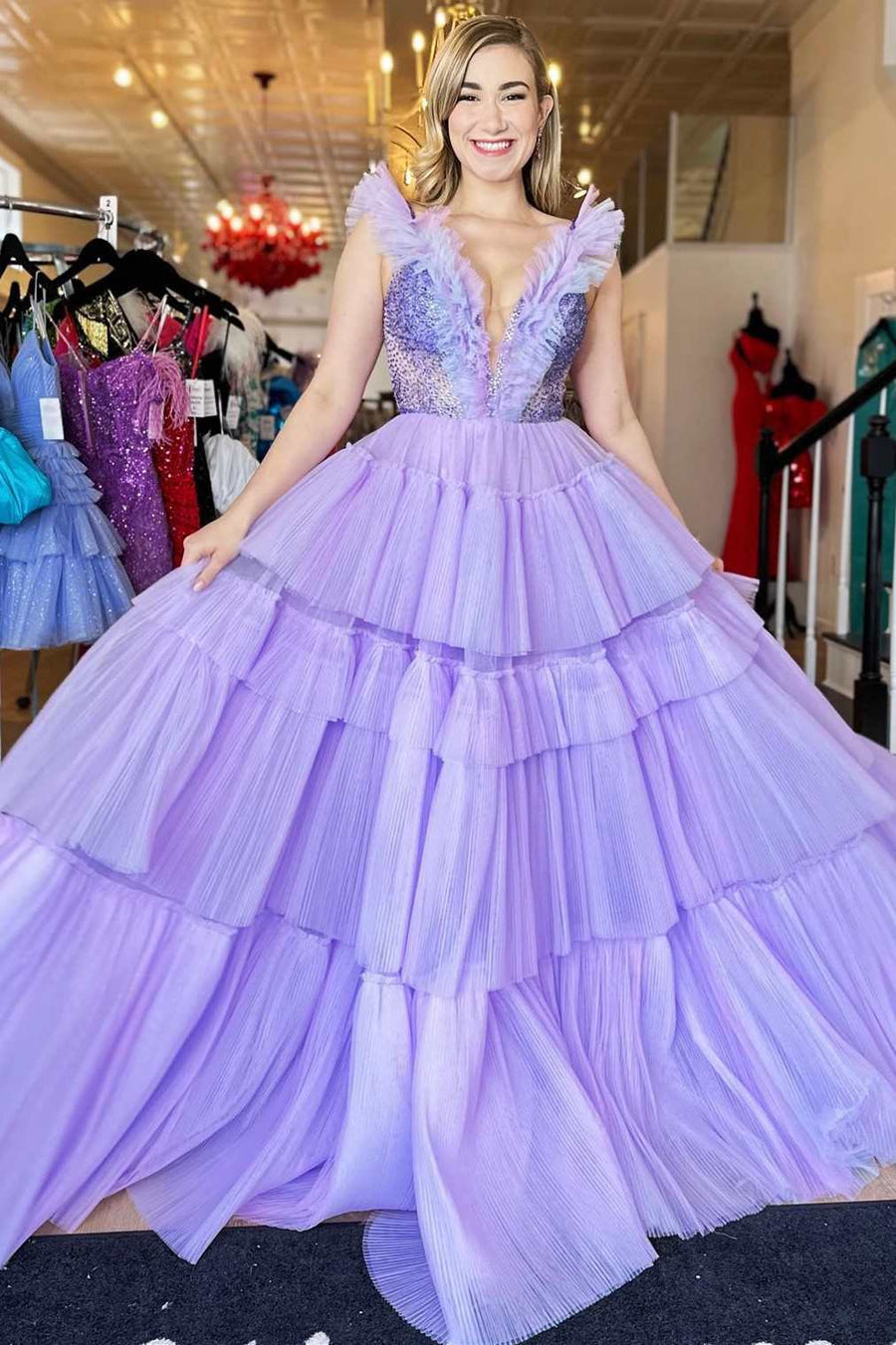 Dressime Princess A Line V neck Tiered Long Prom Dresses Ruffles dressime