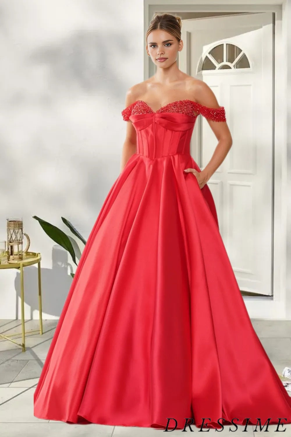 Dressime Princess Satin Off-the-Shoulder A Line Prom Dress dressime Dressime Princess Satin Off-the-Shoulder A Line Prom Dress dressime