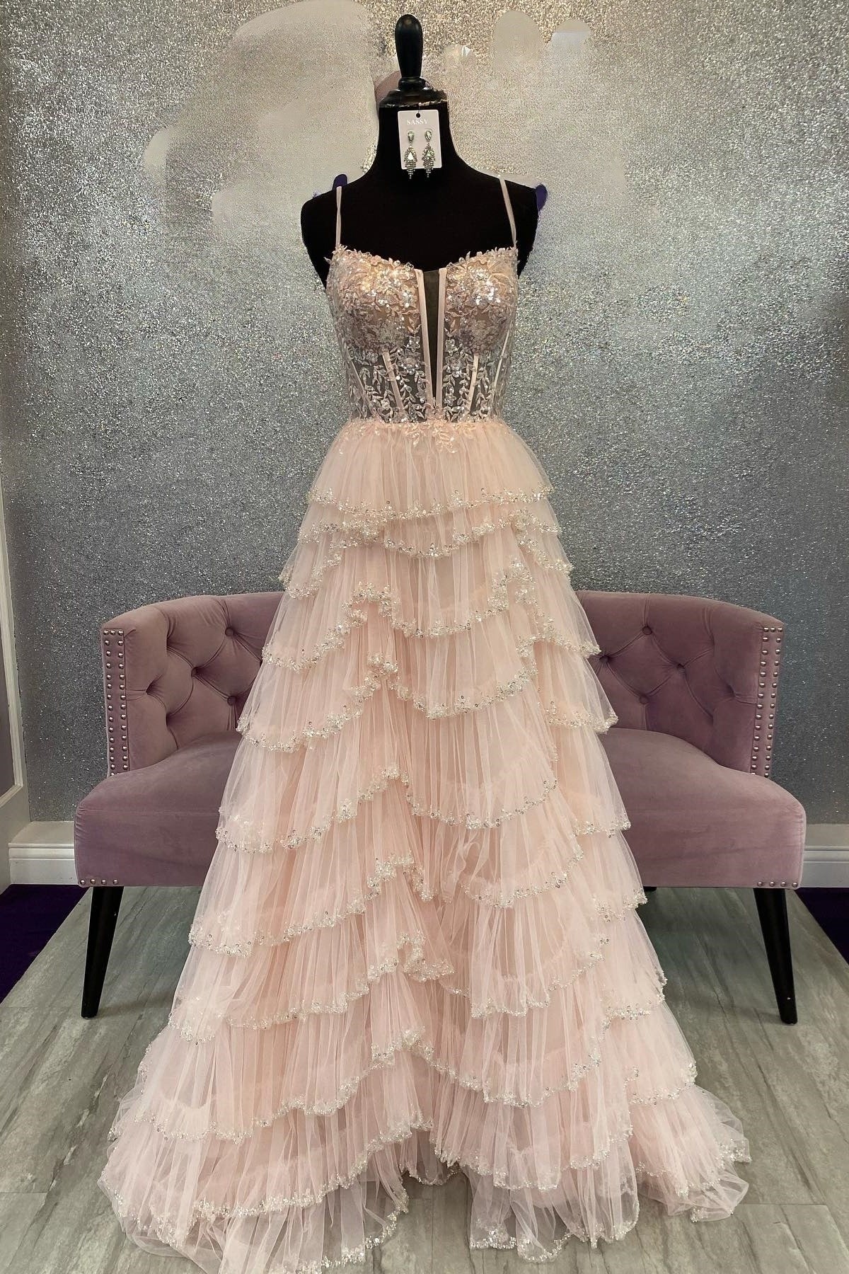 Dressime Sequin Lace Spaghetti Strap Ruffle Tiered Long Prom Dress dressime Dressime Sequin Lace Spaghetti Strap Ruffle Tiered Long Prom Dress dressime