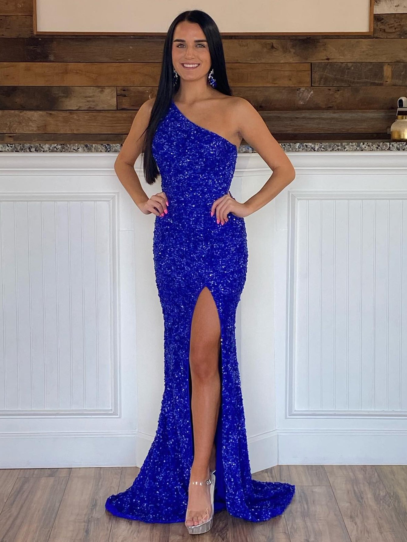 dressimeSequin Prom Dresses Sheath/Mermaid One Shoulder Floor Length With Slit