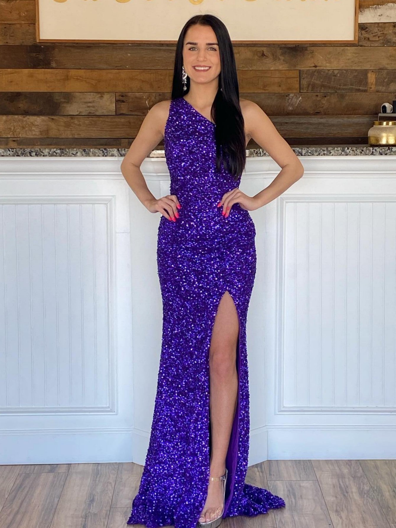 dressimeSequin Prom Dresses Sheath/Mermaid One Shoulder Floor Length With Slit