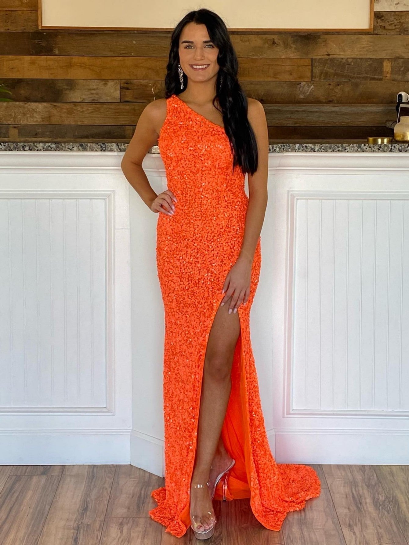dressimeSequin Prom Dresses Sheath/Mermaid One Shoulder Floor Length With Slit