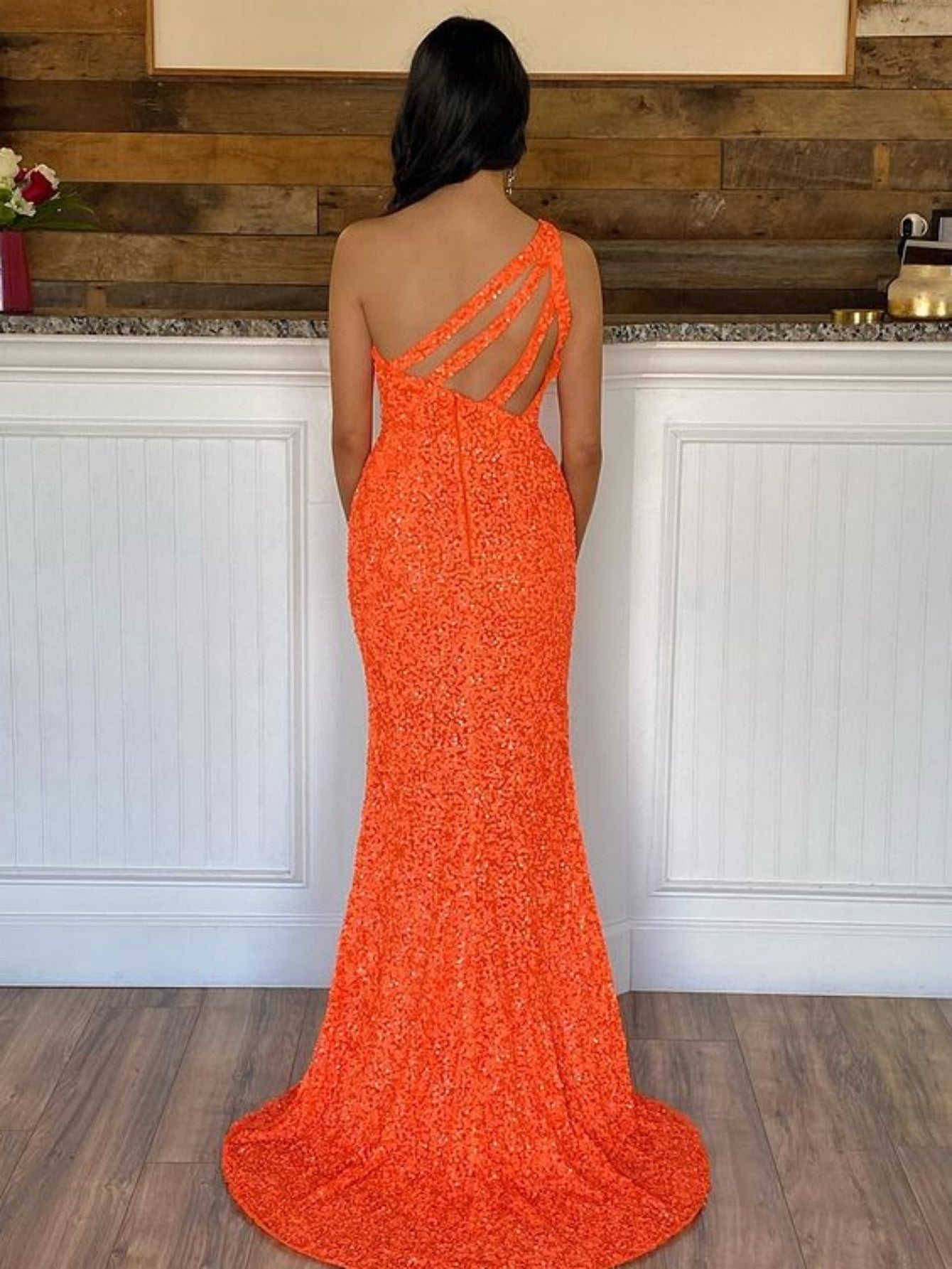 dressimeSequin Prom Dresses Sheath/Mermaid One Shoulder Floor Length With Slit