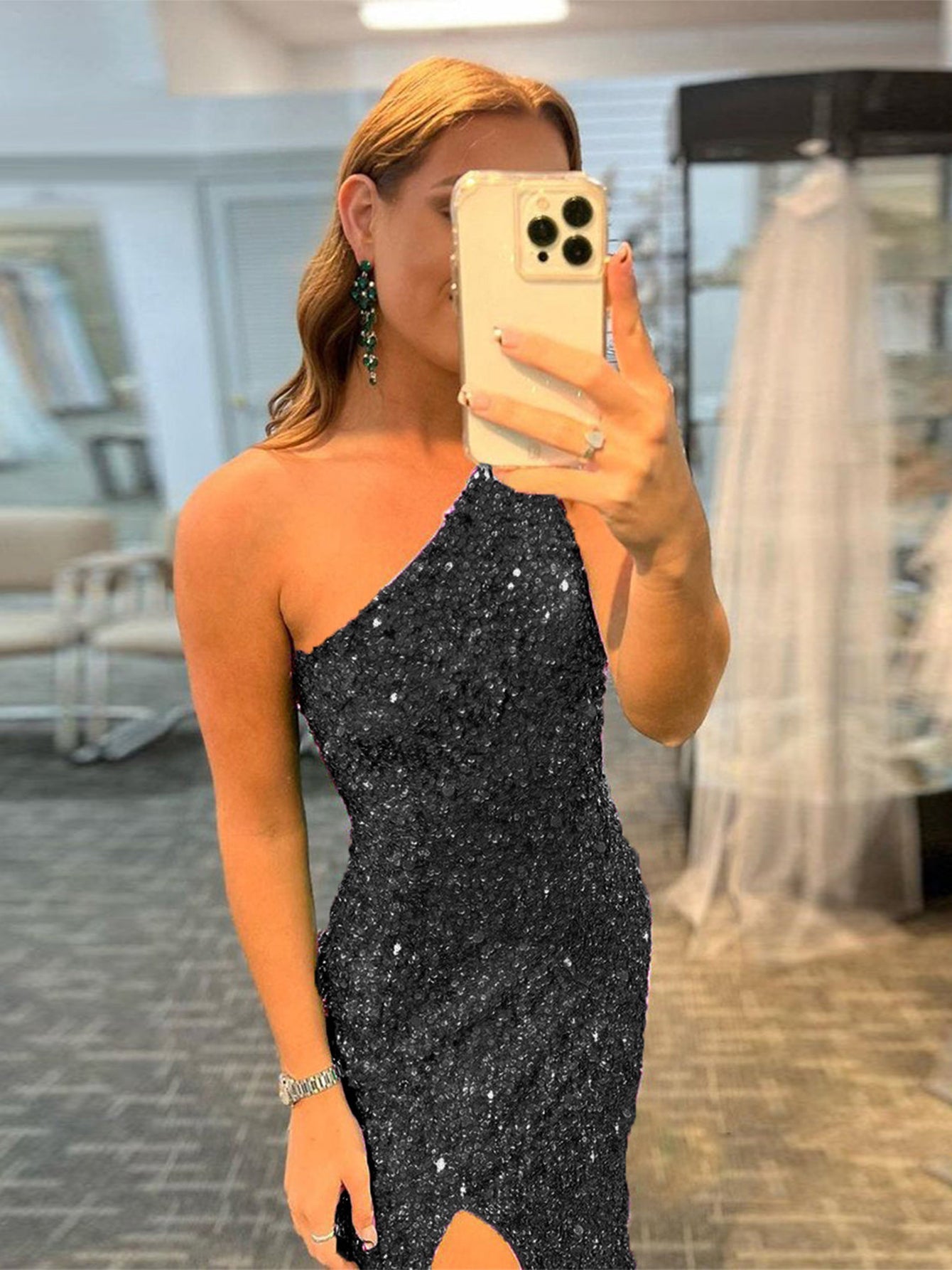 dressimeSequin Prom Dresses Sheath/Mermaid One Shoulder Floor Length With Slit