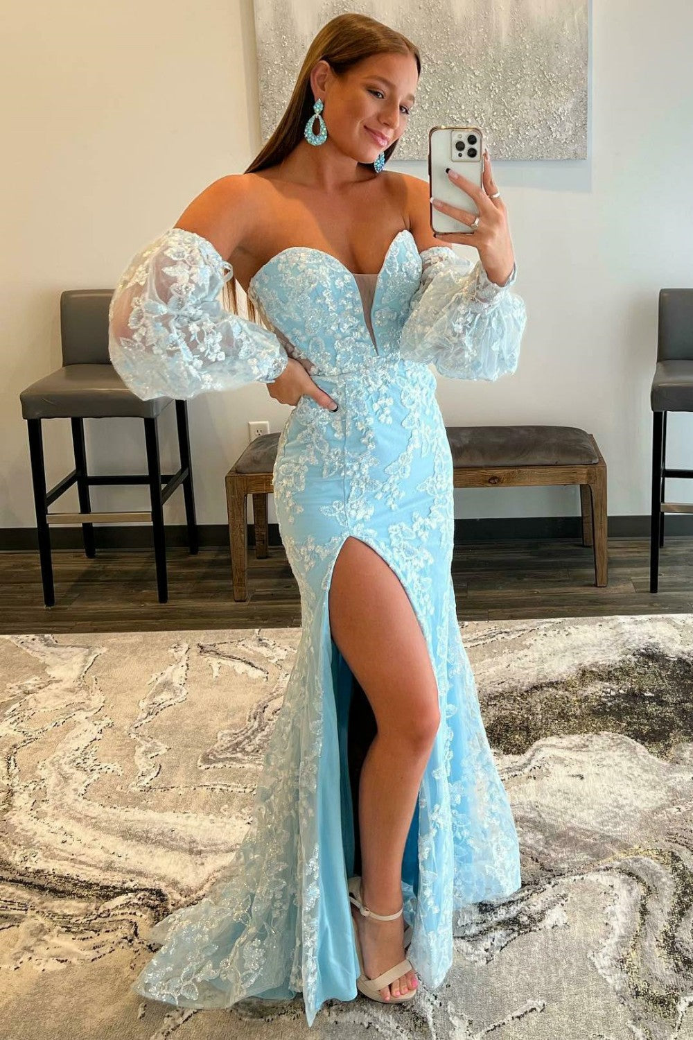 dressimeSexy Light Blue Mermaid Sweetheart Lace Strapless Long Puff Sleeve Prom Dresses