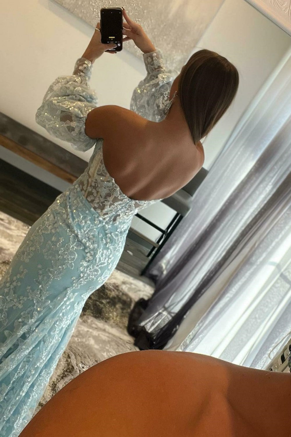 dressimeSexy Light Blue Mermaid Sweetheart Lace Strapless Long Puff Sleeve Prom Dresses