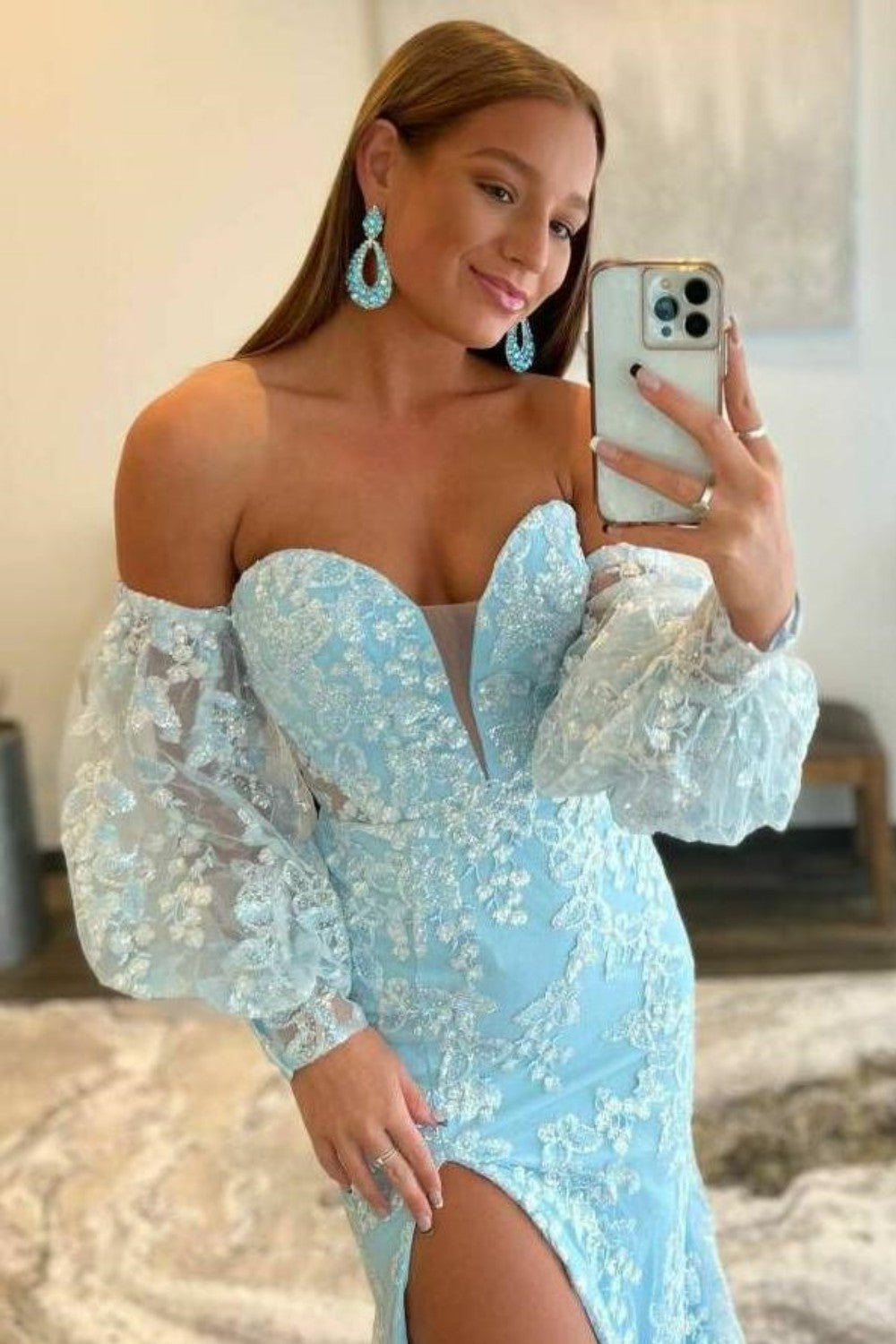 dressimeSexy Light Blue Mermaid Sweetheart Lace Strapless Long Puff Sleeve Prom Dresses
