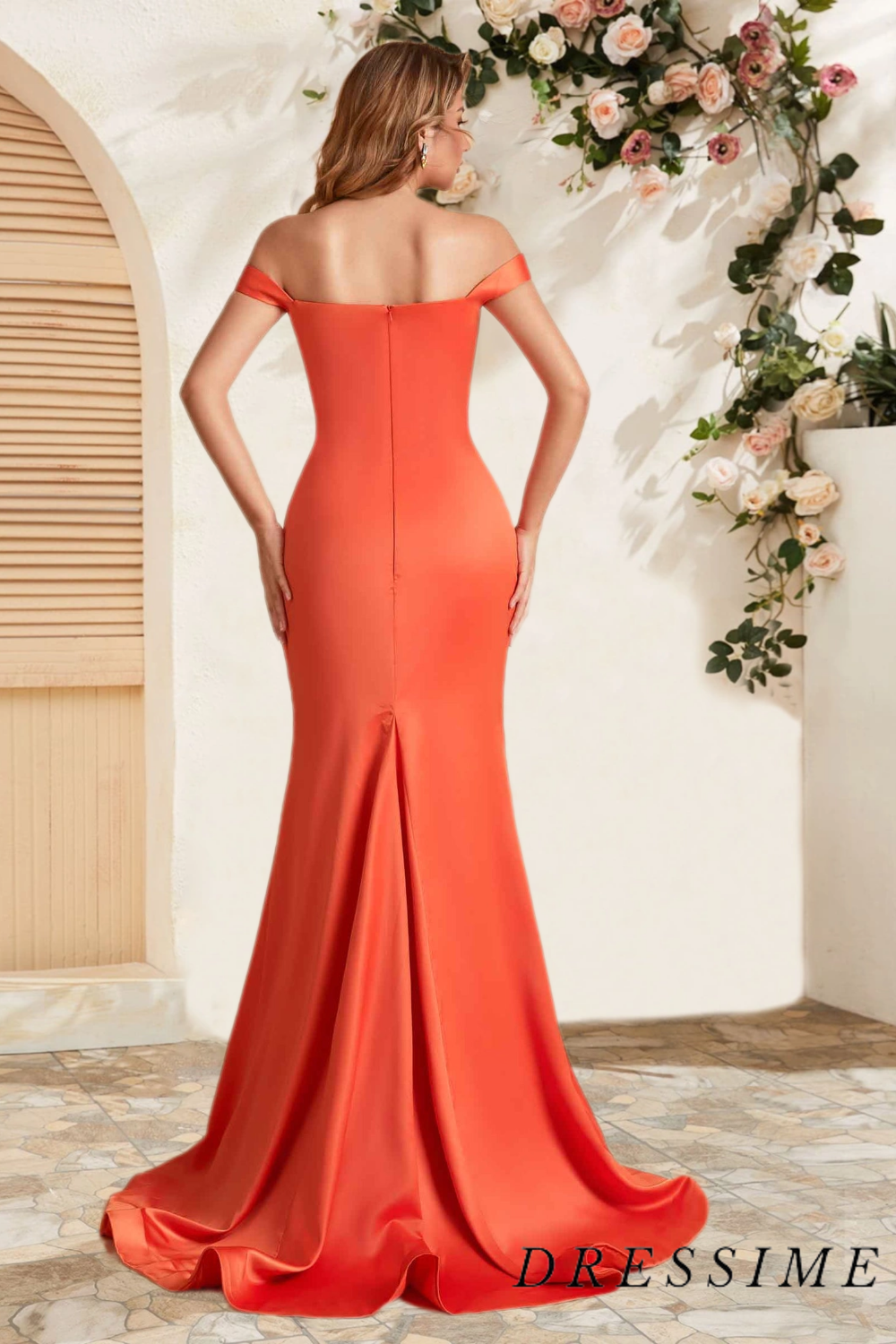 Dressime Sexy Mermaid Off The Shoulder Satin Long Bridesmaid Dress With Slit dressime
