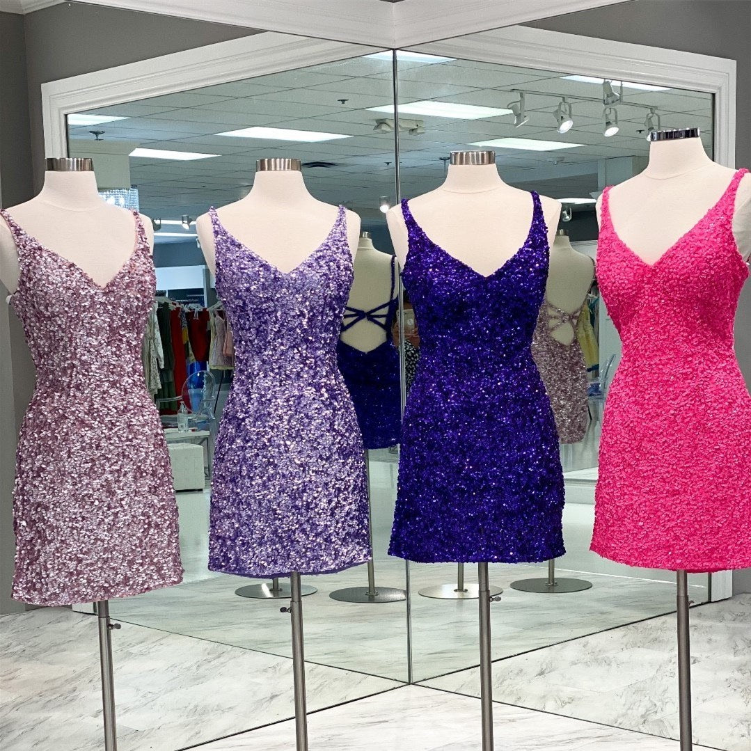 dressimeSexy Sequin Homecoming Dresses Spaghetti Straps Sheath Open Back Short/Mini