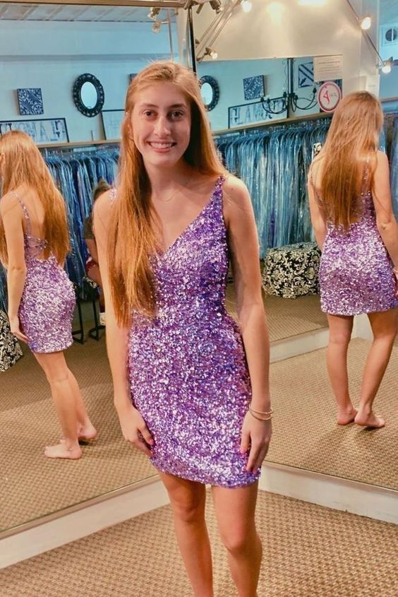 dressimeSexy Sequin Homecoming Dresses Spaghetti Straps Sheath Open Back Short/Mini