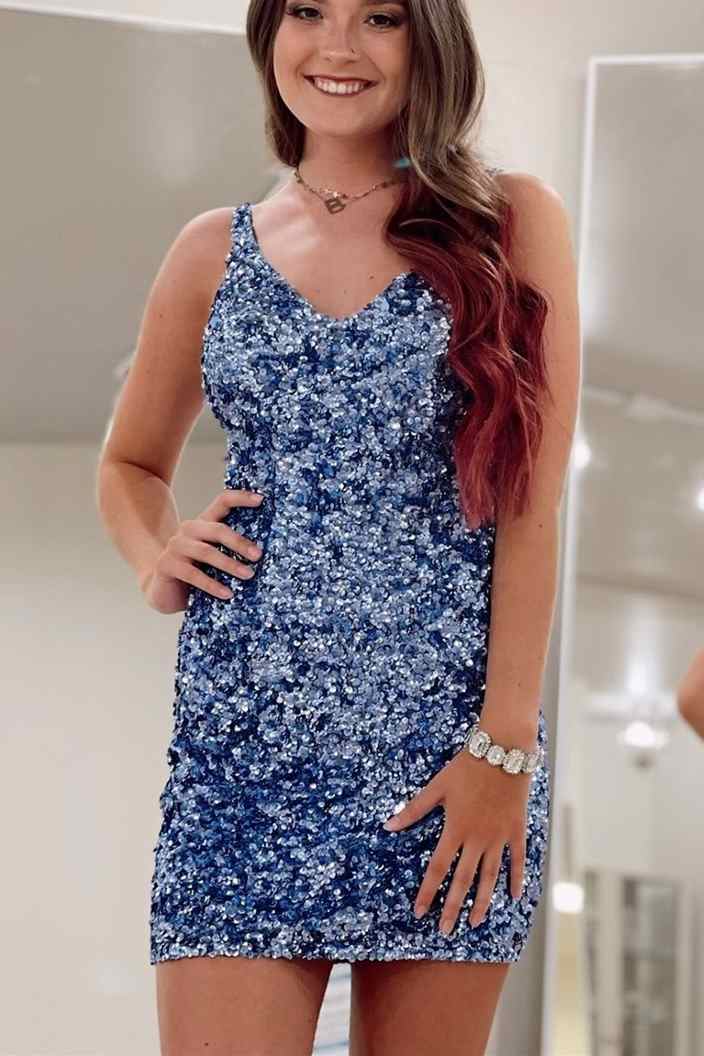 dressimeSexy Sequin Homecoming Dresses Spaghetti Straps Sheath Open Back Short/Mini