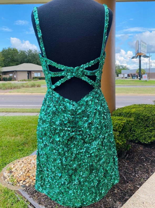 dressimeSexy Sequin Homecoming Dresses Spaghetti Straps Sheath Open Back Short/Mini
