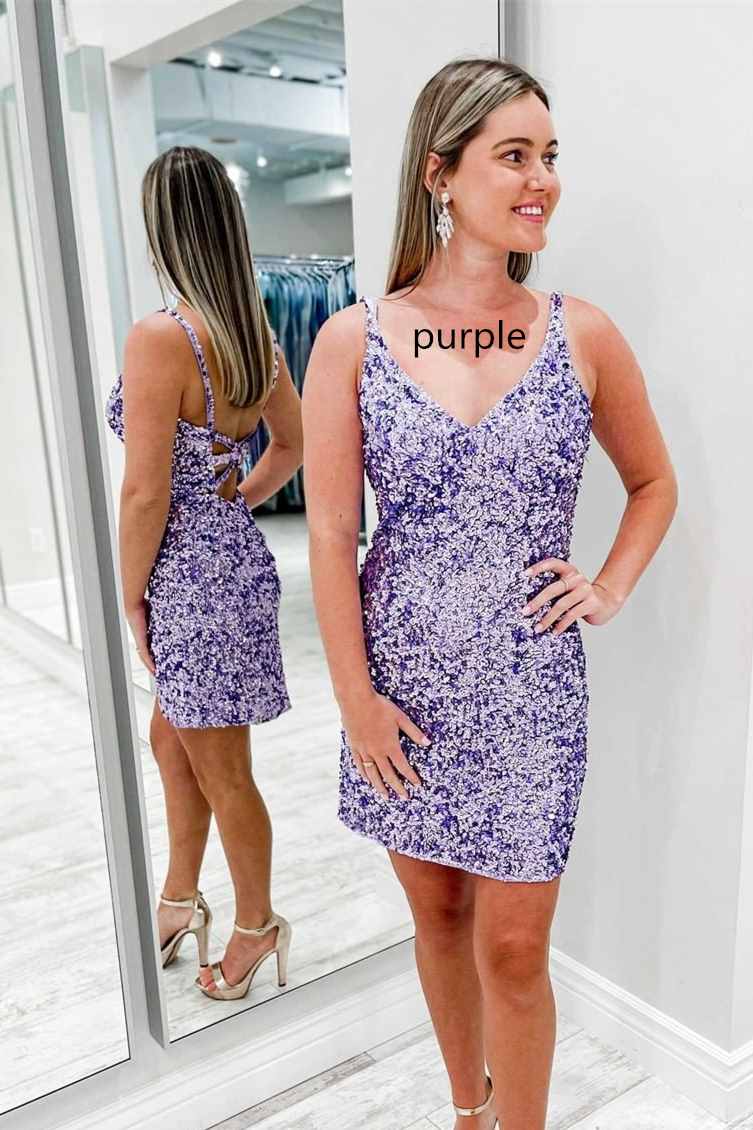 dressimeSexy Sequin Homecoming Dresses Spaghetti Straps Sheath Open Back Short/Mini