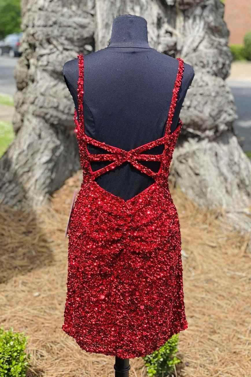 dressimeSexy Sequin Homecoming Dresses Spaghetti Straps Sheath Open Back Short/Mini