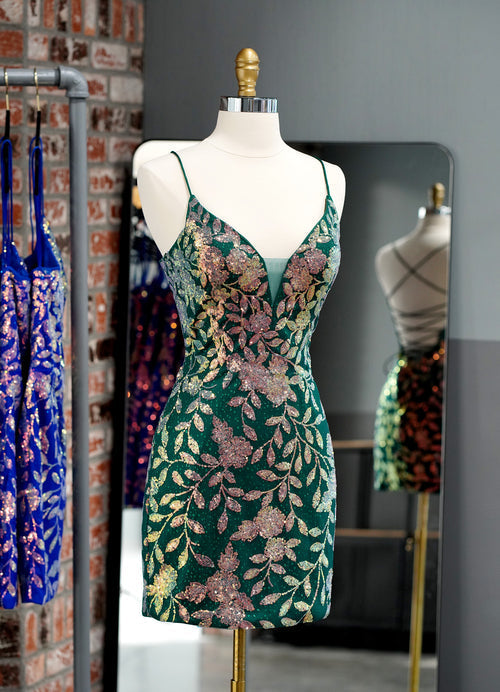 dressimeSexy Spaghetti Straps V Neck Sheath Homecoming Dresses with Appliques