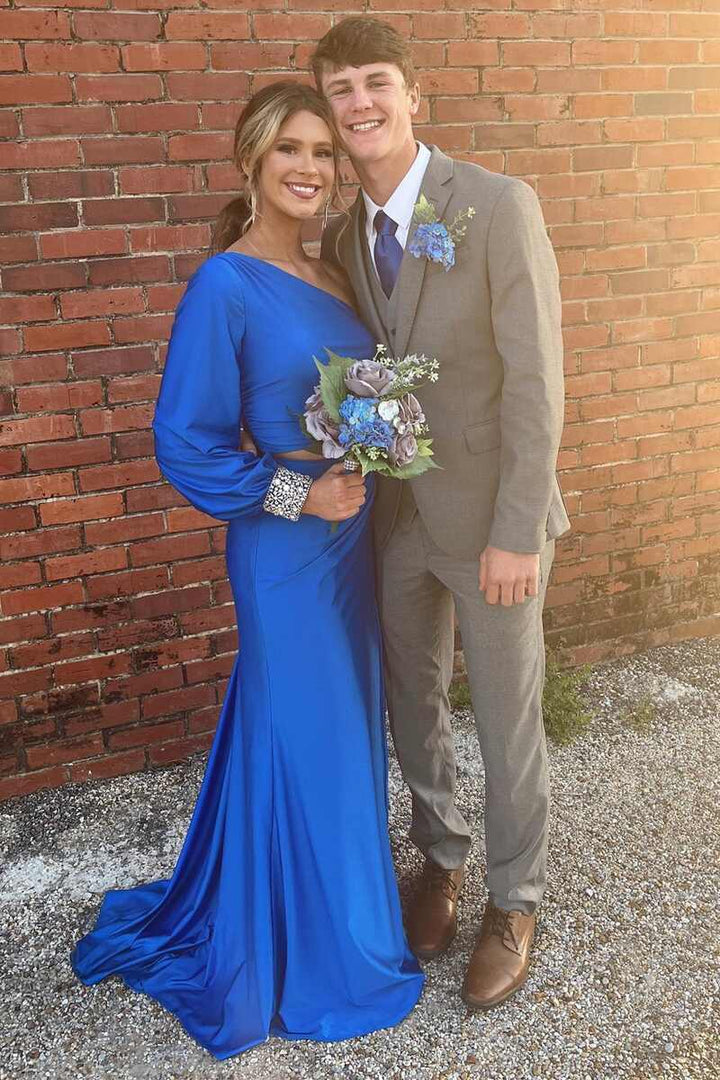 dressimeSexy Two Piece Mermaid Satin One Shoulder Long Sleeves Prom Dress