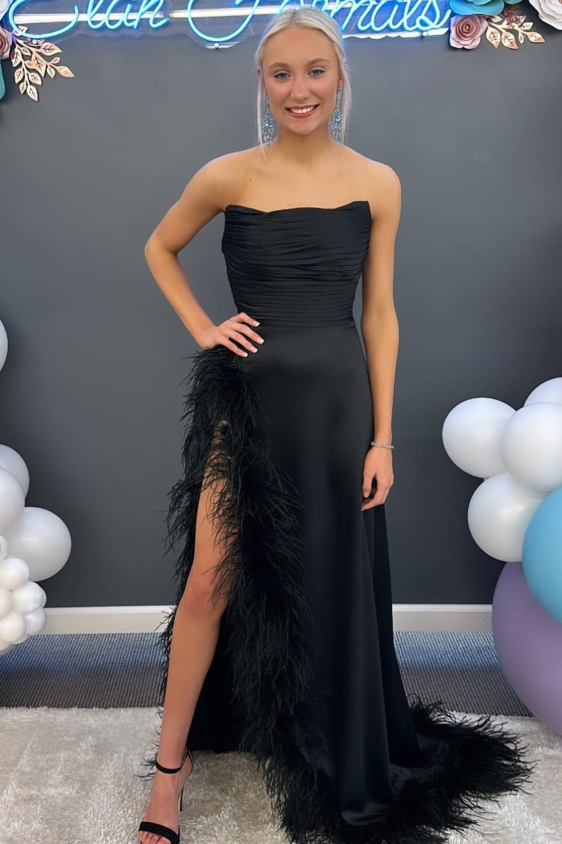 Dressime Sheath Feather Strapless Ruching Long Prom Dress with Slit dressime Dressime Sheath Feather Strapless Ruching Long Prom Dress with Slit dressime