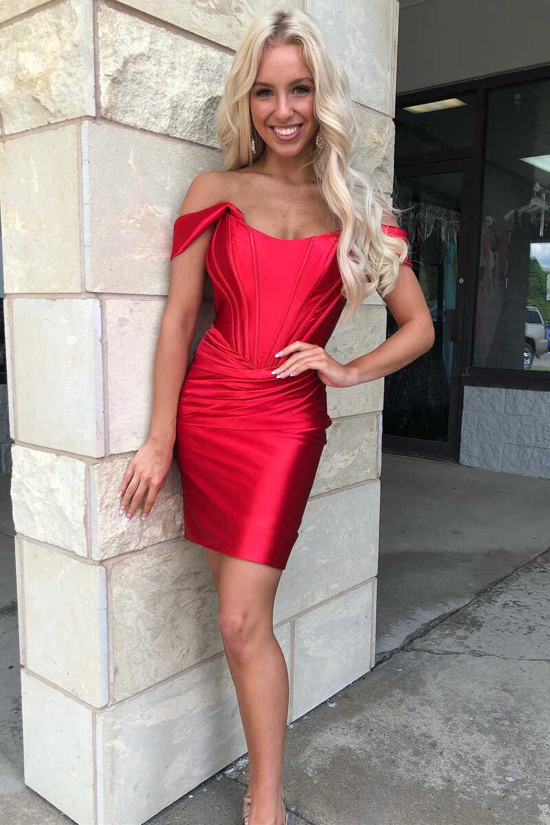 dressimeSheath Off The Shoulder Satin Zipper Up Short/Mini Homecoming Dress, Minimalist Sweet 16 Dress