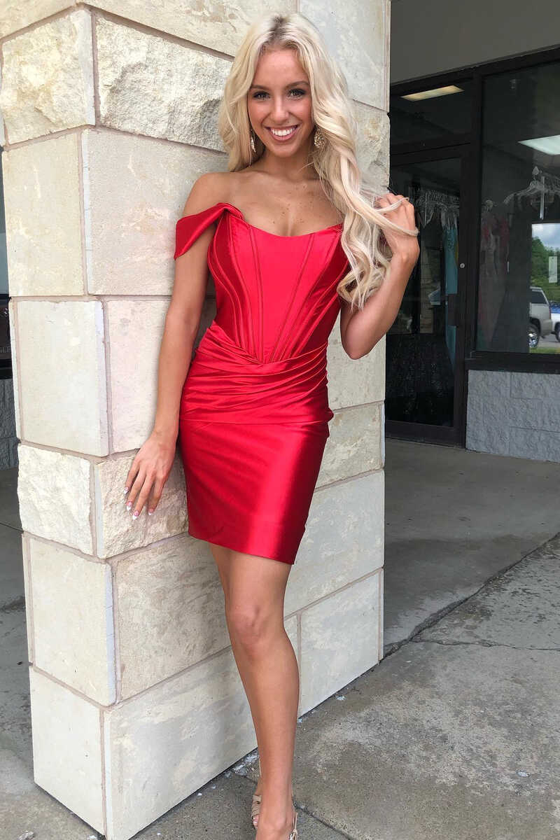 dressimeSheath Off The Shoulder Satin Zipper Up Short/Mini Homecoming Dress, Minimalist Sweet 16 Dress
