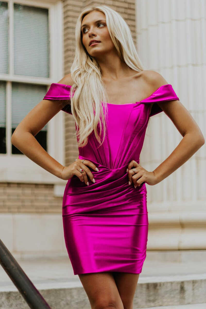 dressimeSheath Off The Shoulder Satin Zipper Up Short/Mini Homecoming Dress, Minimalist Sweet 16 Dress