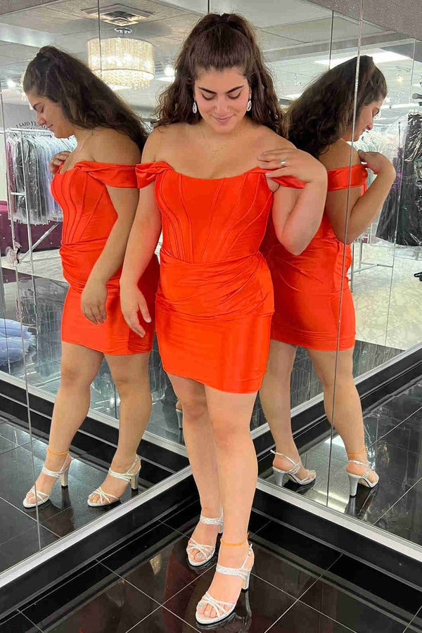 dressimeSheath Off The Shoulder Satin Zipper Up Short/Mini Homecoming Dress, Minimalist Sweet 16 Dress