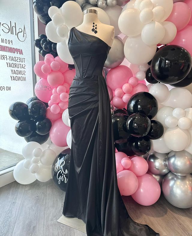 Dressime Sheath One Shoulder Boning Pleated Satin Long Prom Dress dressime