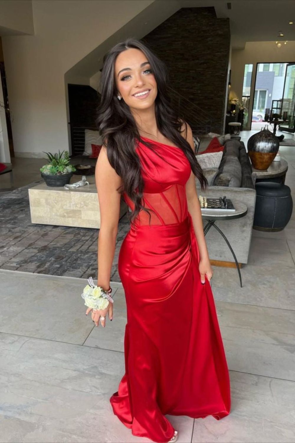 Dressime Sheath One Shoulder Boning Pleated Satin Long Prom Dress dressime