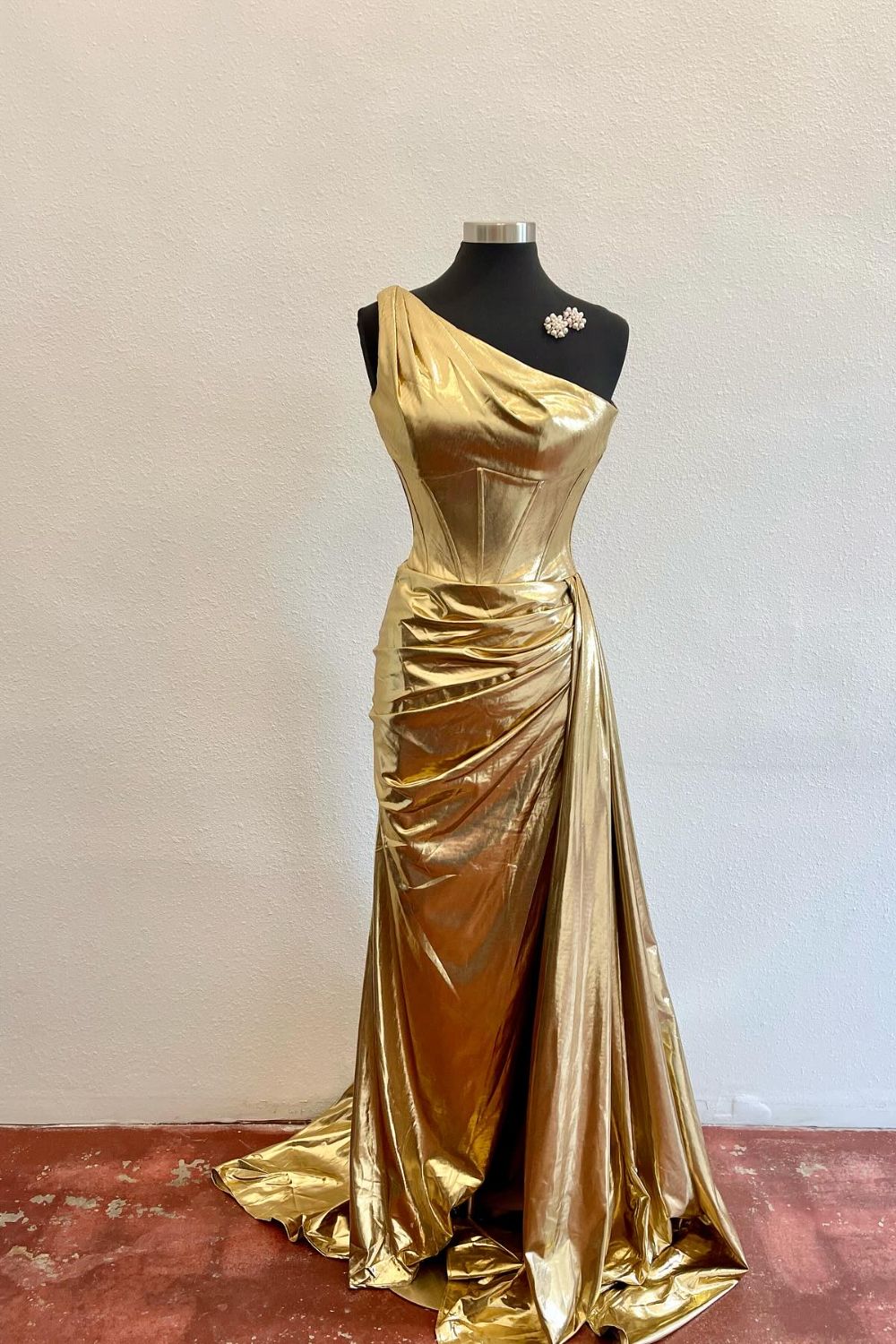 Dressime Sheath One Shoulder Boning Pleated Satin Long Prom Dress dressime