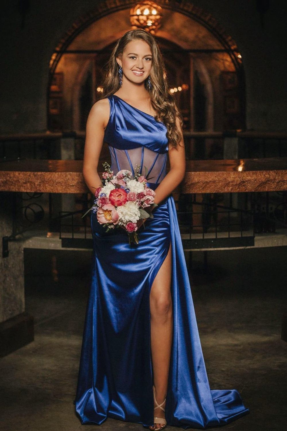 Dressime Sheath One Shoulder Boning Pleated Satin Long Prom Dress dressime