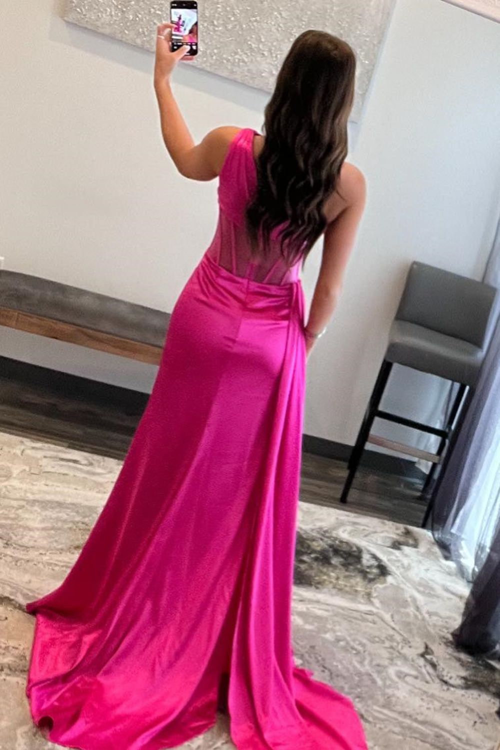 Dressime Sheath One Shoulder Boning Pleated Satin Long Prom Dress dressime