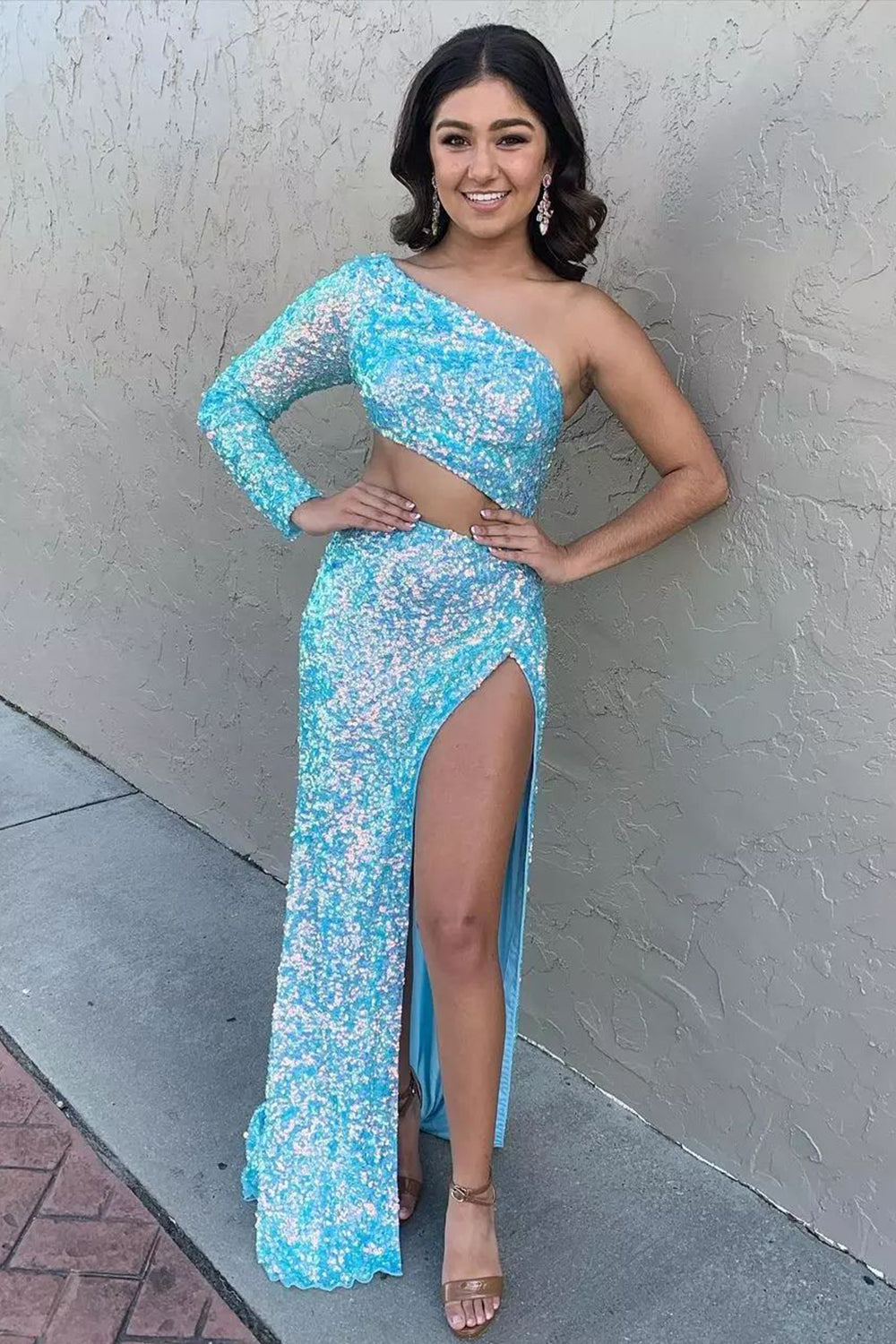 dressimeSheath One Shoulder Red Sequins Long Prom Dress with Silt