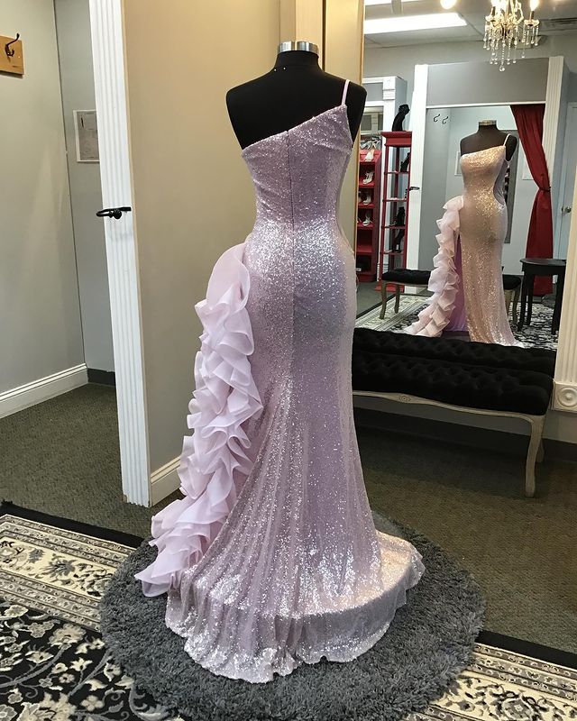 Dressime Sheath Sequin Mesh One-Shoulder Ruffle Long Prom Dress with Slit dressime