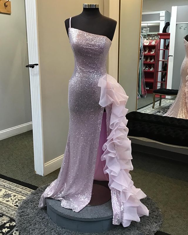 Dressime Sheath Sequin Mesh One-Shoulder Ruffle Long Prom Dress with Slit dressime