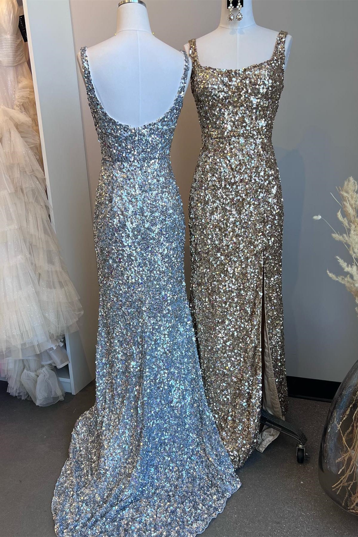 dressimeSheath Sequin Square Neck Backless Long Prom Dresses with Slit