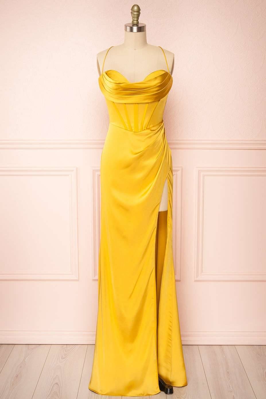 dressimeSheath Spaghetti Straps Satin Prom Dresses with Slit