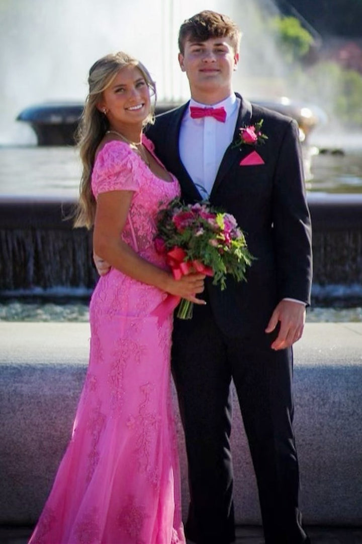 dressimeSheath Square Neck Puff Sleeves Appliques Tulle Long Prom Dress