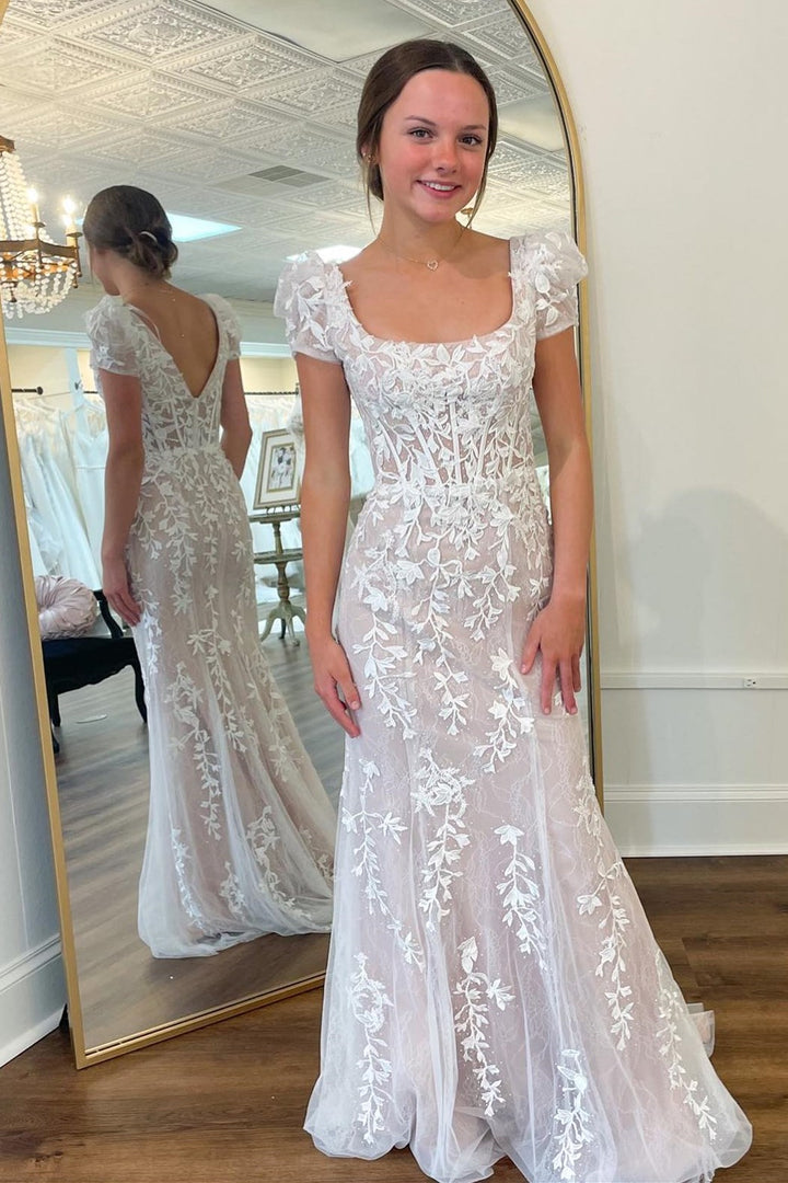 dressimeSheath Square Neck Puff Sleeves Appliques Tulle Long Prom Dress