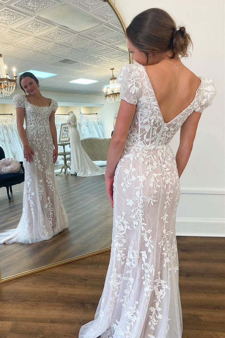 dressimeSheath Square Neck Puff Sleeves Appliques Tulle Long Prom Dress