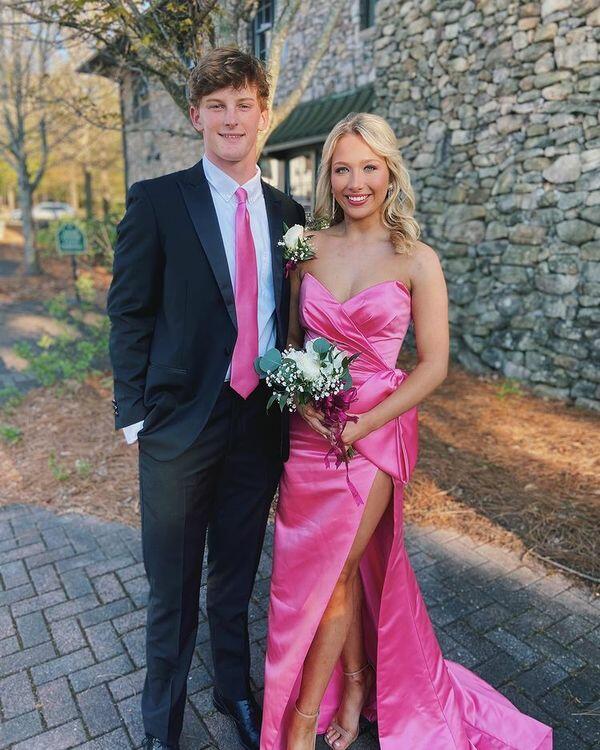 dressimeSheath Strapless Satin Slit Prom Dresses With Bowknot