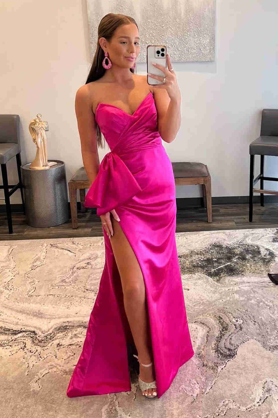 dressimeSheath Strapless Satin Slit Prom Dresses With Bowknot