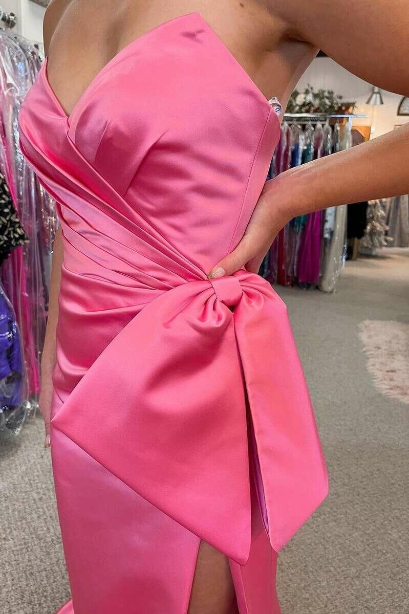 dressimeSheath Strapless Satin Slit Prom Dresses With Bowknot