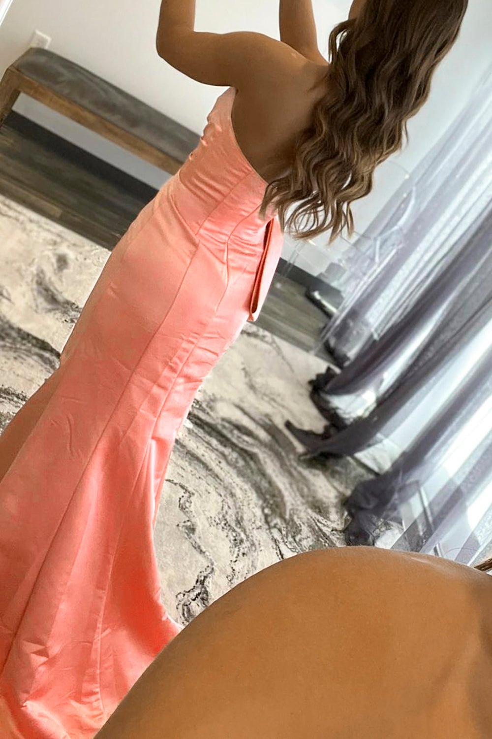 dressimeSheath Strapless Satin Slit Prom Dresses With Bowknot