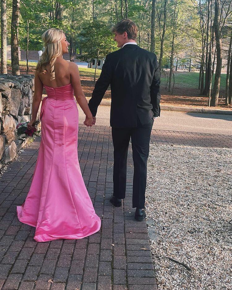 dressimeSheath Strapless Satin Slit Prom Dresses With Bowknot