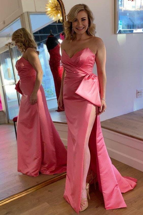 dressimeSheath Strapless Satin Slit Prom Dresses With Bowknot