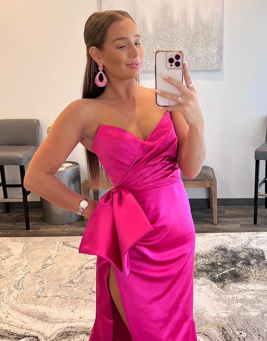 dressimeSheath Strapless Satin Slit Prom Dresses With Bowknot