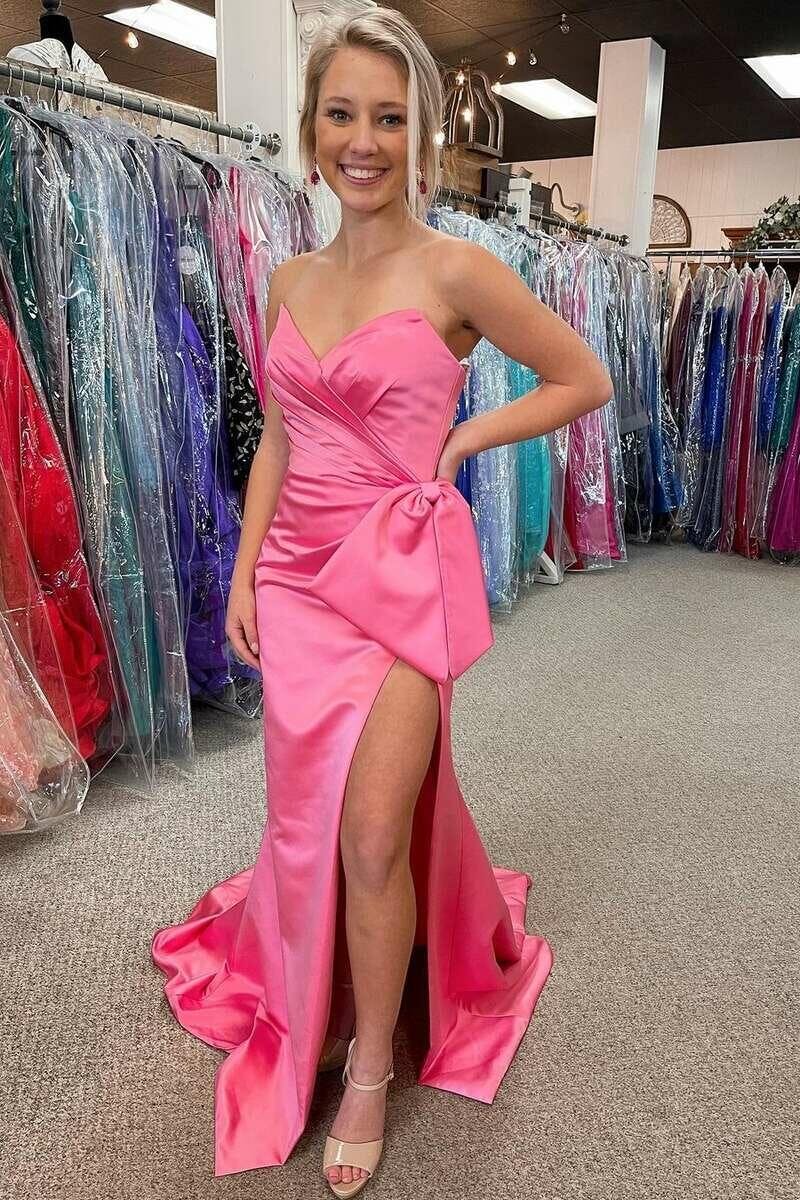dressimeSheath Strapless Satin Slit Prom Dresses With Bowknot