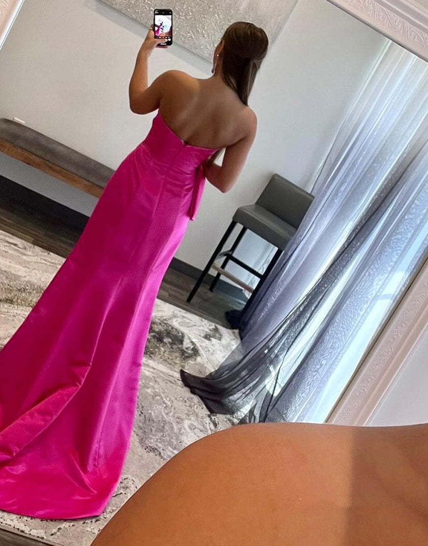 dressimeSheath Strapless Satin Slit Prom Dresses With Bowknot