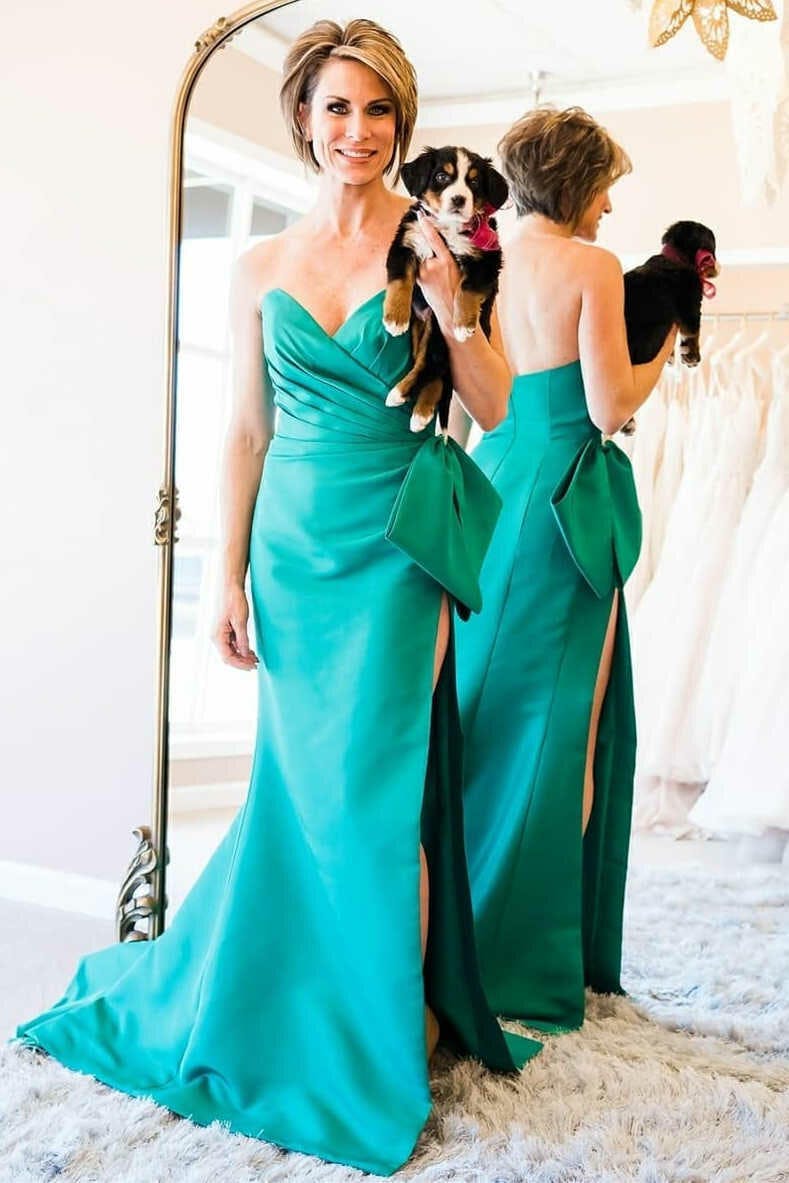dressimeSheath Strapless Satin Slit Prom Dresses With Bowknot