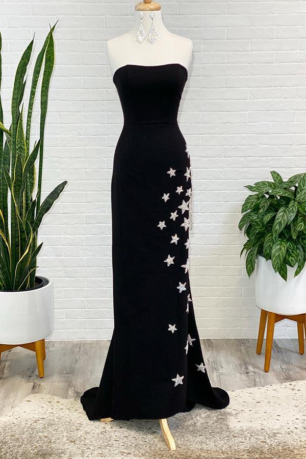 Dressime Women Black Prom Dress Sheath Strapless Slit Long Party Dress with Stars and Fringes dressime Dressime Women Black Prom Dress Sheath Strapless Slit Long Party Dress with Stars and Fringes dressime
